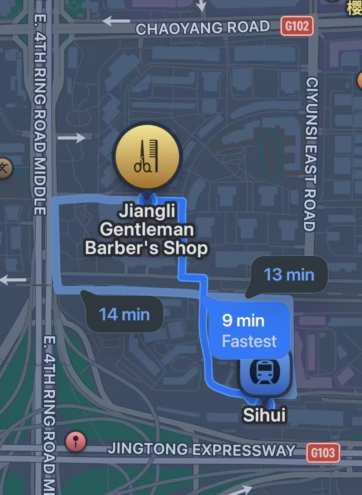 Walking route from Sihui Station to JiangLi Barbershop